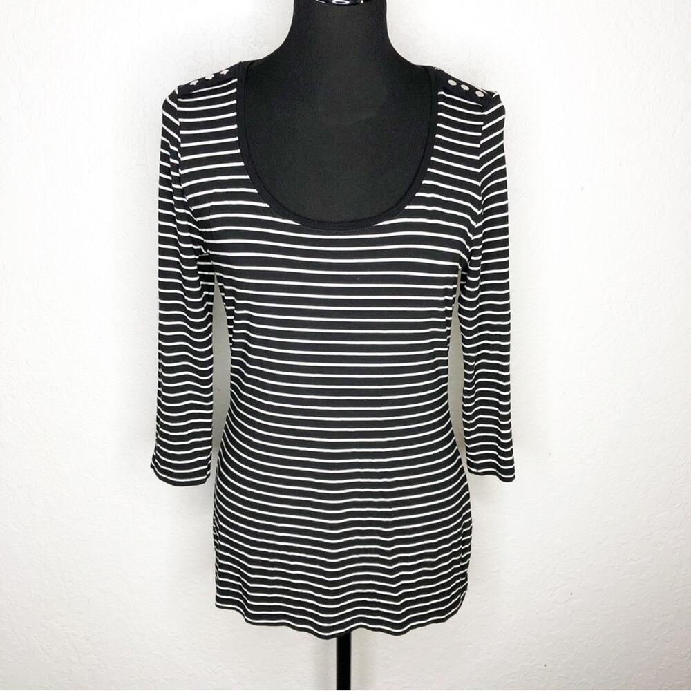 WHBM black white stripe silver button knit top size Large